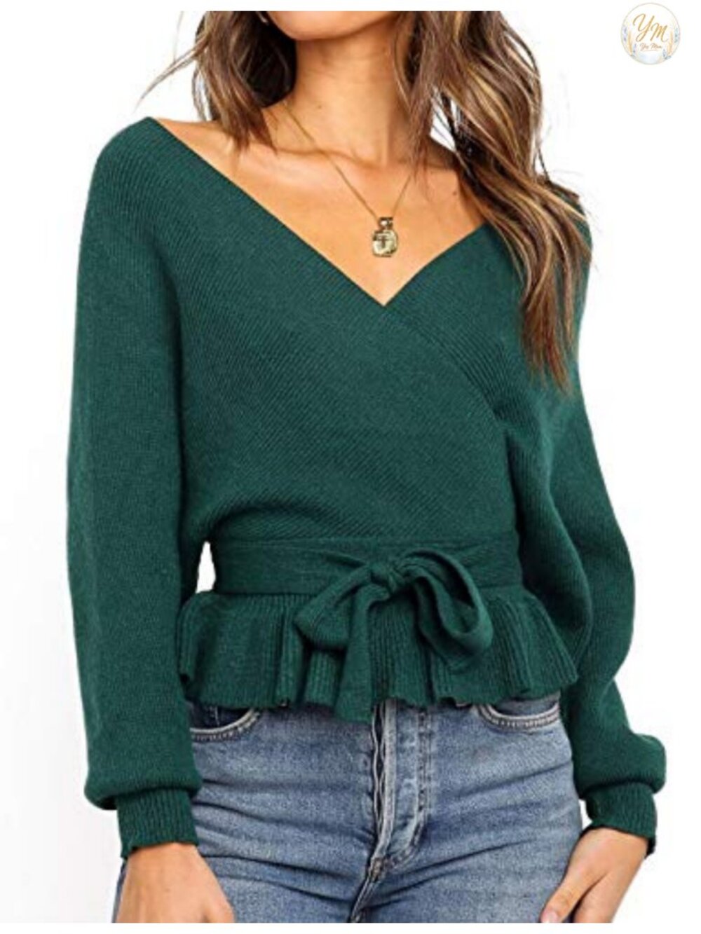 Wrap Front V-Neck Ruffle Hem Sweater Top Batwing Sleeve Bow Belt